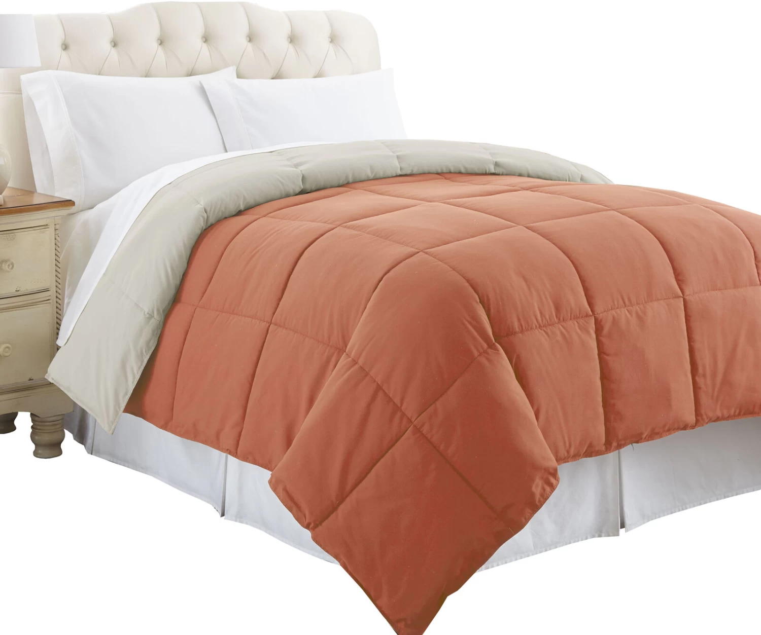 Genoa Queen Size Box Quilted Reversible Comforter The Urban Port, Orange And Gray-Benzara 5 Genoa Queen Size Box Quilted Reversible Comforter The Urban Port, Orange And Gray-Benzara - Image 3