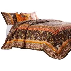 Dill Quilt Set, Bohemian, Jacobean Floral Print, Brown, Orange-Benzara -Bedding Store 117f938d75b74fedb3c41fbccf491acd