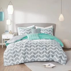 QuikFurn Reversible Comforter Set In Grey White Aqua Teal Chevron Stripe -Bedding Store 173c175237e7442d888c4aba69472ff6