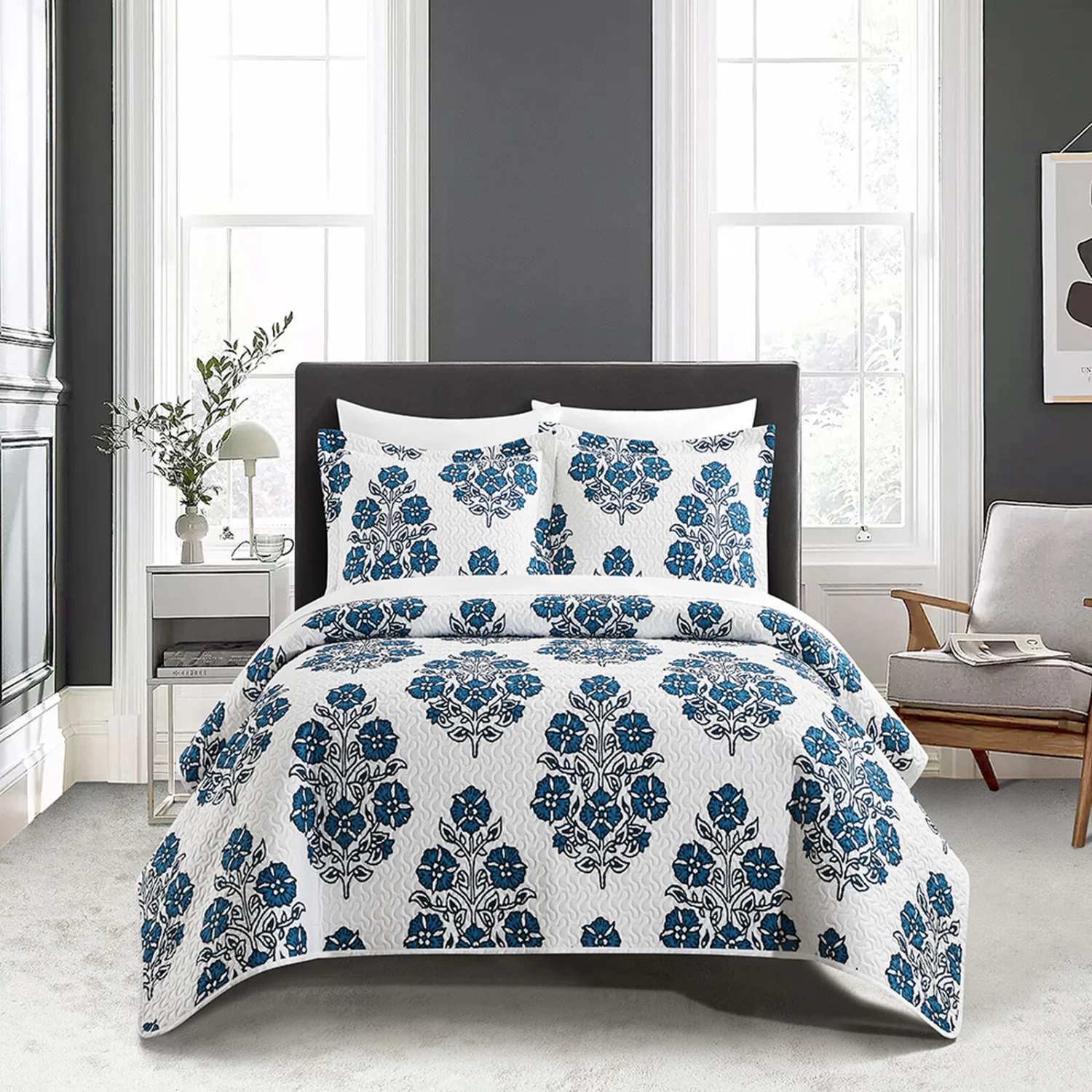 Chic Home Morris Quilt Set Large Scale Floral Medallion Print Design Bedding Blue 4 Chic Home Morris Quilt Set Large Scale Floral Medallion Print Design Bedding Blue - Image 2