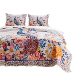 Tess Microfiber Quilt Set, Peacock, Floral Print, Multicolor-Benzara