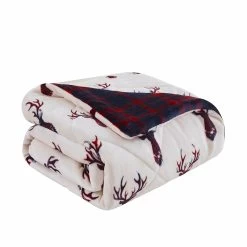 HomeRoots Deer Head Red Navy Printed Velvet And Velvet Throw Blanket