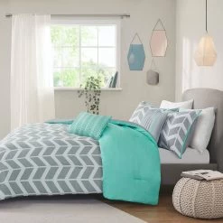 QuikFurn Reversible Comforter Set In Grey White Aqua Teal Chevron Stripe -Bedding Store 2b167923bfb546f59b9f87a205e4b962