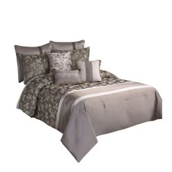 9 Piece Queen Polyester Comforter Set With Leaf Print, Platinum Gray-Benzara
