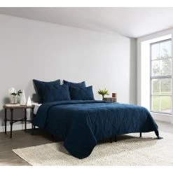 Kosas Home Casi 100% Belgian Flax Linen Midnight Blue Quilt By Kosas Home