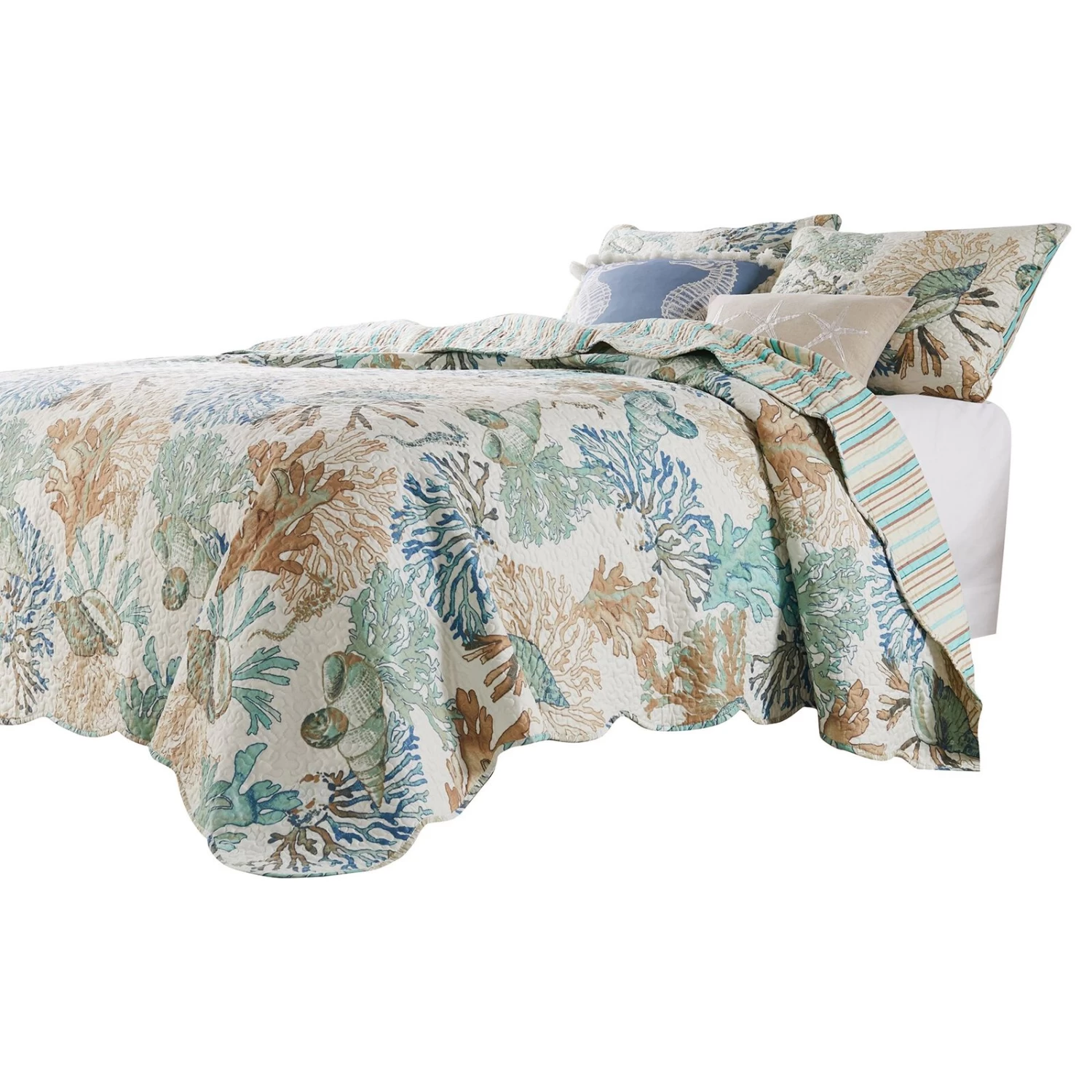 Wade Quilt Set, Ocean Design, Scalloped Edges, Floral Pattern-Benzara 5 Wade Quilt Set, Ocean Design, Scalloped Edges, Floral Pattern-Benzara - Image 3