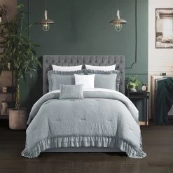 Chic Home Kensley Comforter Set Washed Crinkle Ruffled Flange Border Design Bedding Grey, King