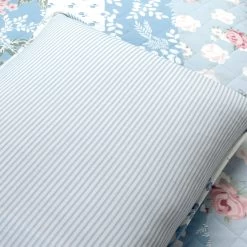 Cottage Core Flower Stripe Oversized Reversible Cotton Quilt Blue/Dusty Pink 3Pc Set Full/Queen -Bedding Store 47aa749bf147441a985c15b0bbf3ede0
