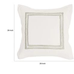 Lenz 26 Inch Cotton Euro Pillow Sham With Hand Stitched Embroidery, Ivory-Benzara -Bedding Store 56512f0740004becb057115534a0afa5