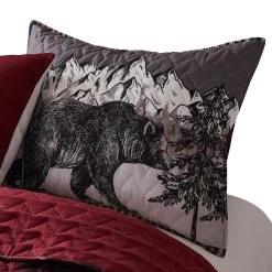 Sofia 20 X 36 King Pillow Sham, Red Plaid Microfiber, Bear And Mountain-Benzara