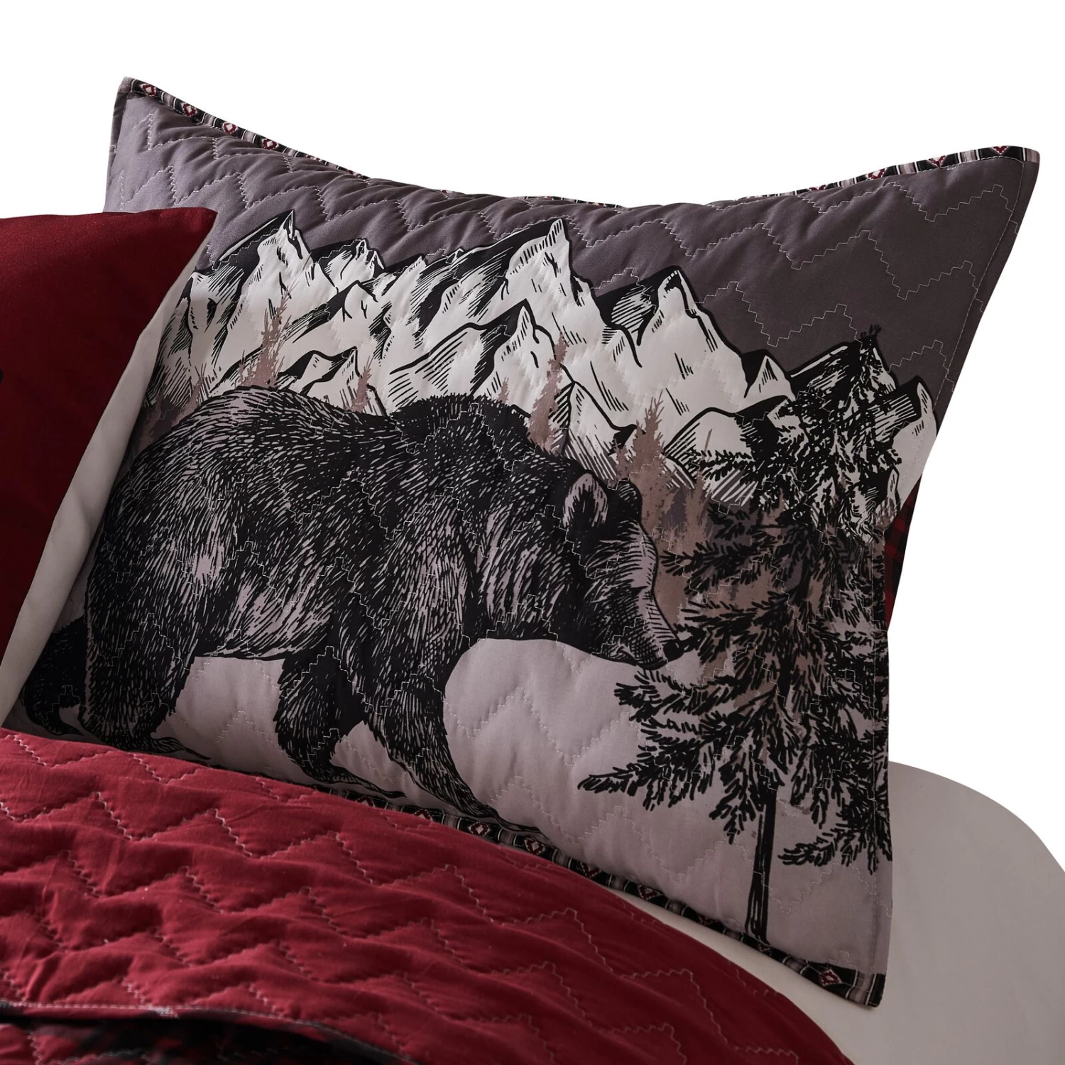 Sofia 20 X 36 King Pillow Sham, Red Plaid Microfiber, Bear And Mountain-Benzara 3 Sofia 20 X 36 King Pillow Sham, Red Plaid Microfiber, Bear And Mountain-Benzara