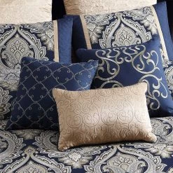 Nova 9 Piece Polyester Queen Comforter Set, Gold Damask Print, Navy Blue-Benzara -Bedding Store 66d4b4a64831419dbfcba97a69b84123
