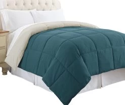 Genoa Queen Size Box Quilted Reversible Comforter The Urban Port, Blue And Gray-Benzara