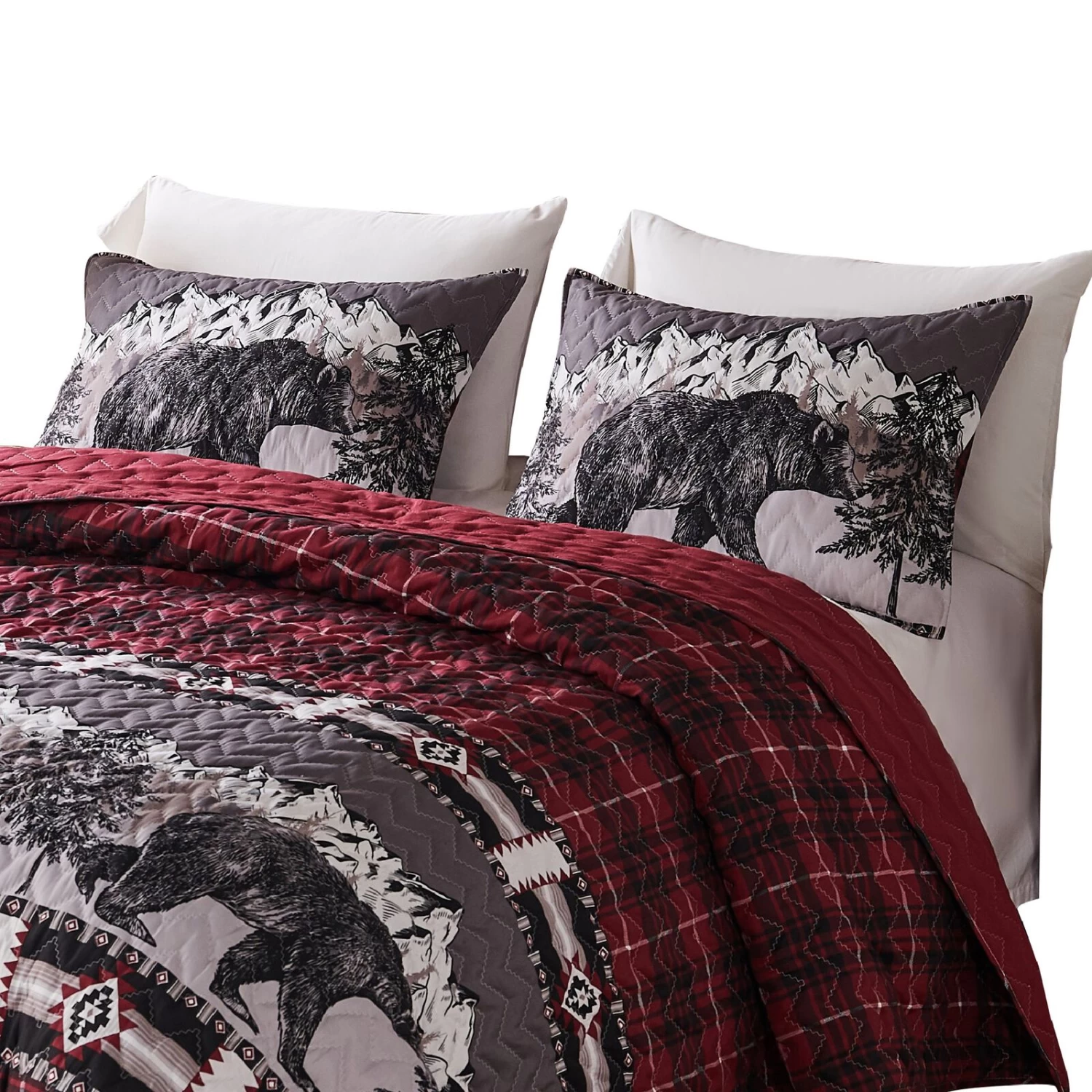 Sofia 20 X 36 King Pillow Sham, Red Plaid Microfiber, Bear And Mountain-Benzara 5 Sofia 20 X 36 King Pillow Sham, Red Plaid Microfiber, Bear And Mountain-Benzara - Image 3