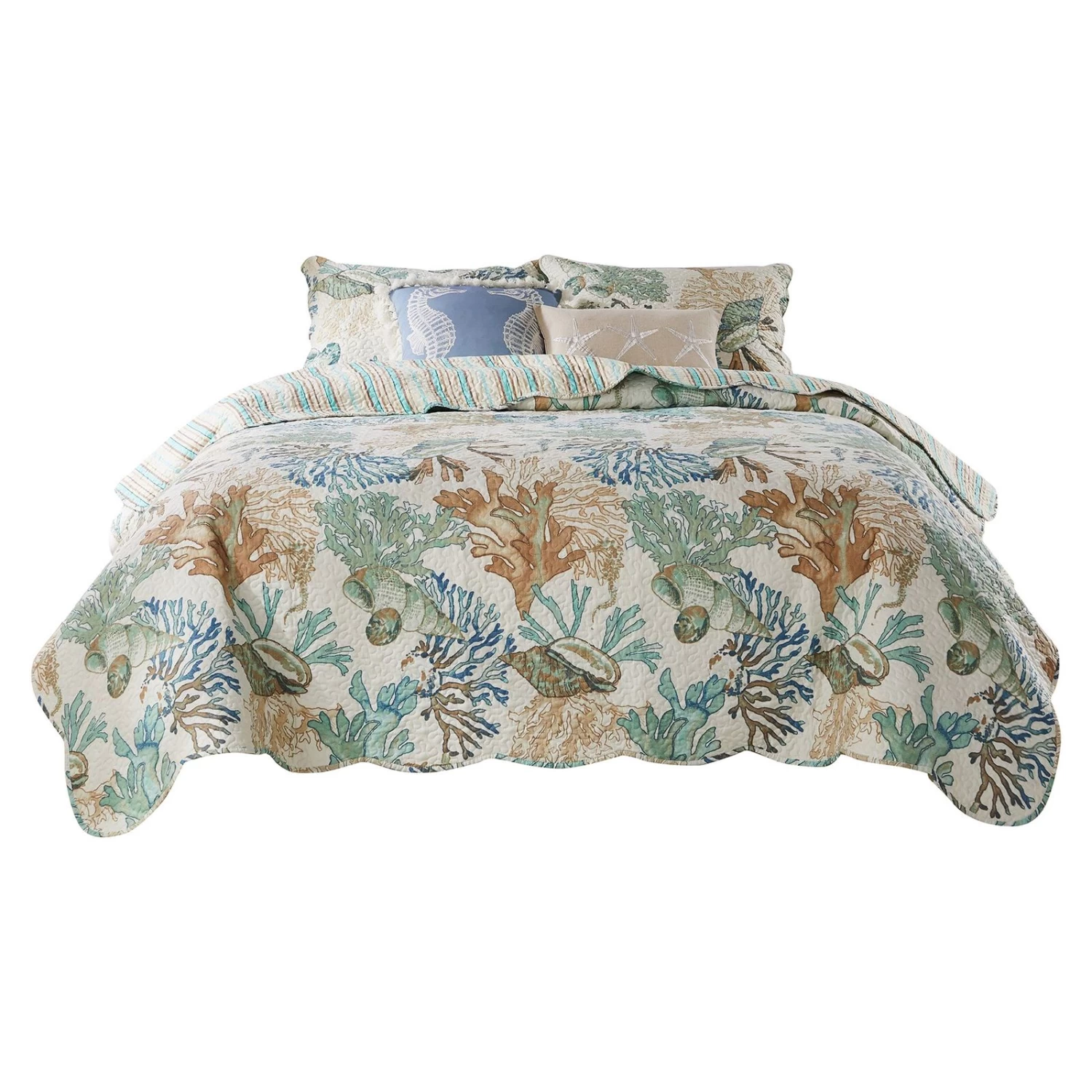 Wade Quilt Set, Ocean Design, Scalloped Edges, Floral Pattern-Benzara 3 Wade Quilt Set, Ocean Design, Scalloped Edges, Floral Pattern-Benzara