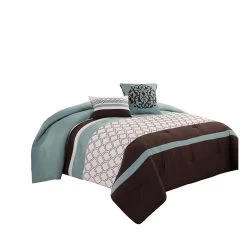 Quatrefoil King Size 8 Piece Fabric Comforter Set , Brown And Blue-Benzara