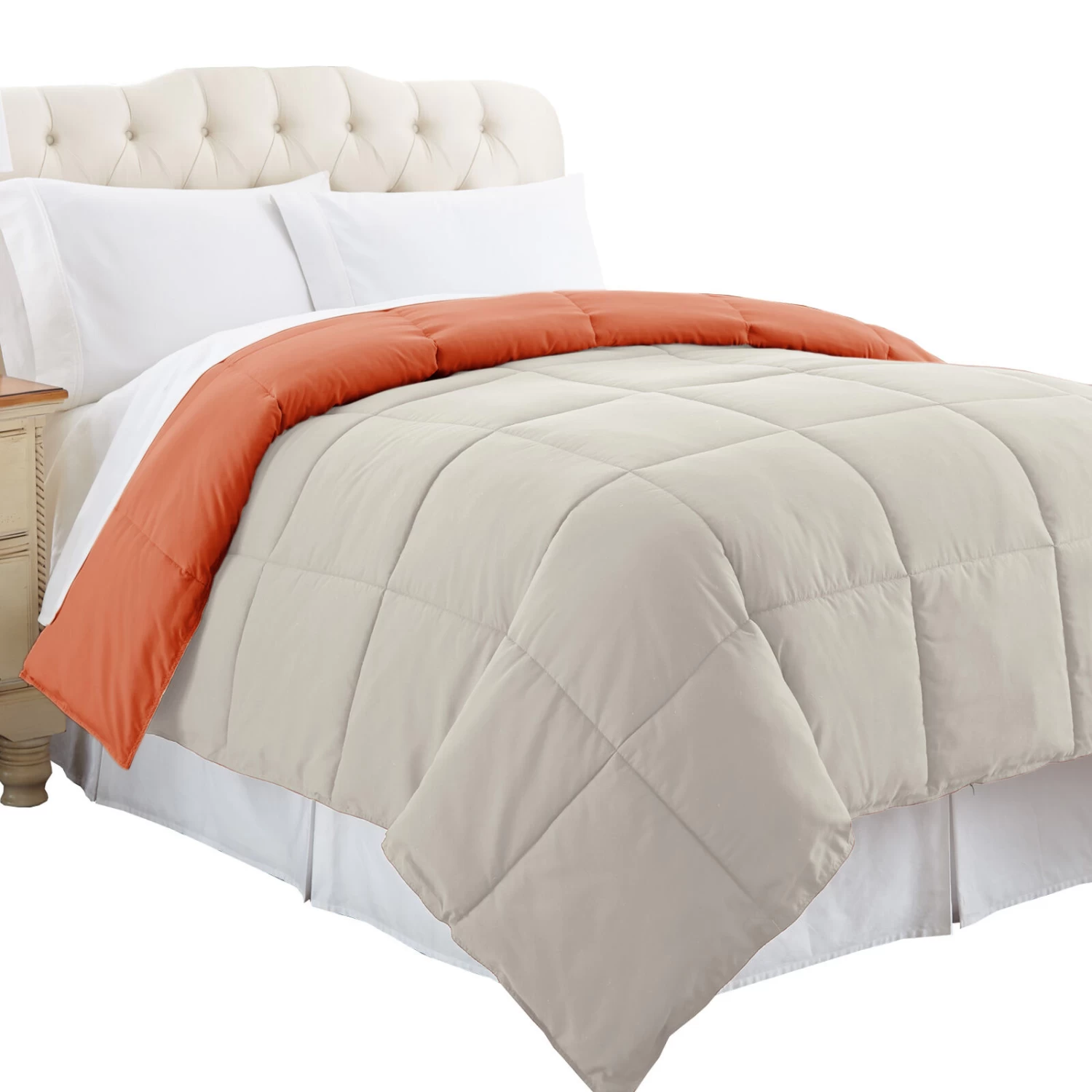 Genoa Queen Size Box Quilted Reversible Comforter The Urban Port, Orange And Gray-Benzara 4 Genoa Queen Size Box Quilted Reversible Comforter The Urban Port, Orange And Gray-Benzara - Image 2