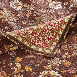 Dill Quilt Set, Bohemian, Jacobean Floral Print, Brown, Orange-Benzara -Bedding Store b055157b654844b39ef305ab49c8d9a2