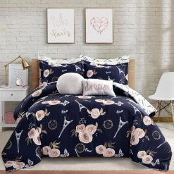 Vintage Paris Rose Butterfly Script Comforter 7-Pc Set -Bedding Store b06c3b5895a1495781d7901b74679ed8