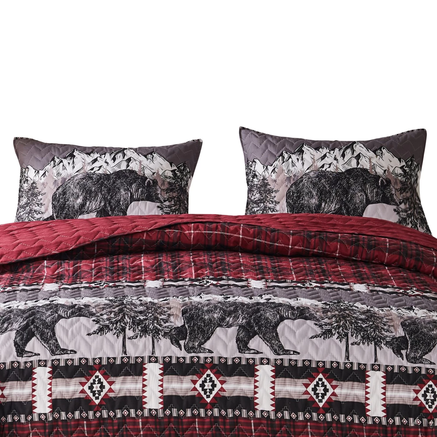 Sofia 20 X 36 King Pillow Sham, Red Plaid Microfiber, Bear And Mountain-Benzara 4 Sofia 20 X 36 King Pillow Sham, Red Plaid Microfiber, Bear And Mountain-Benzara - Image 2