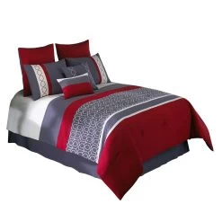 8 Piece King Comforter Set With Printed Trellis Pattern, Red-Benzara