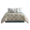 7 Piece Queen Comforter Set With Printed Damask Pattern, Green And White-Benzara