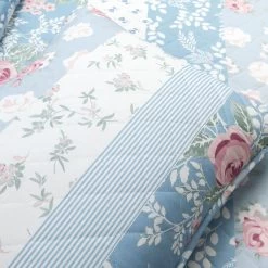 Cottage Core Flower Stripe Oversized Reversible Cotton Quilt Blue/Dusty Pink 3Pc Set Full/Queen -Bedding Store ba3a062288df4c40af699bf35b3eda66