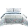 Cottage Core Flower Stripe Oversized Reversible Cotton Quilt Blue/Dusty Pink 3Pc Set Full/Queen
