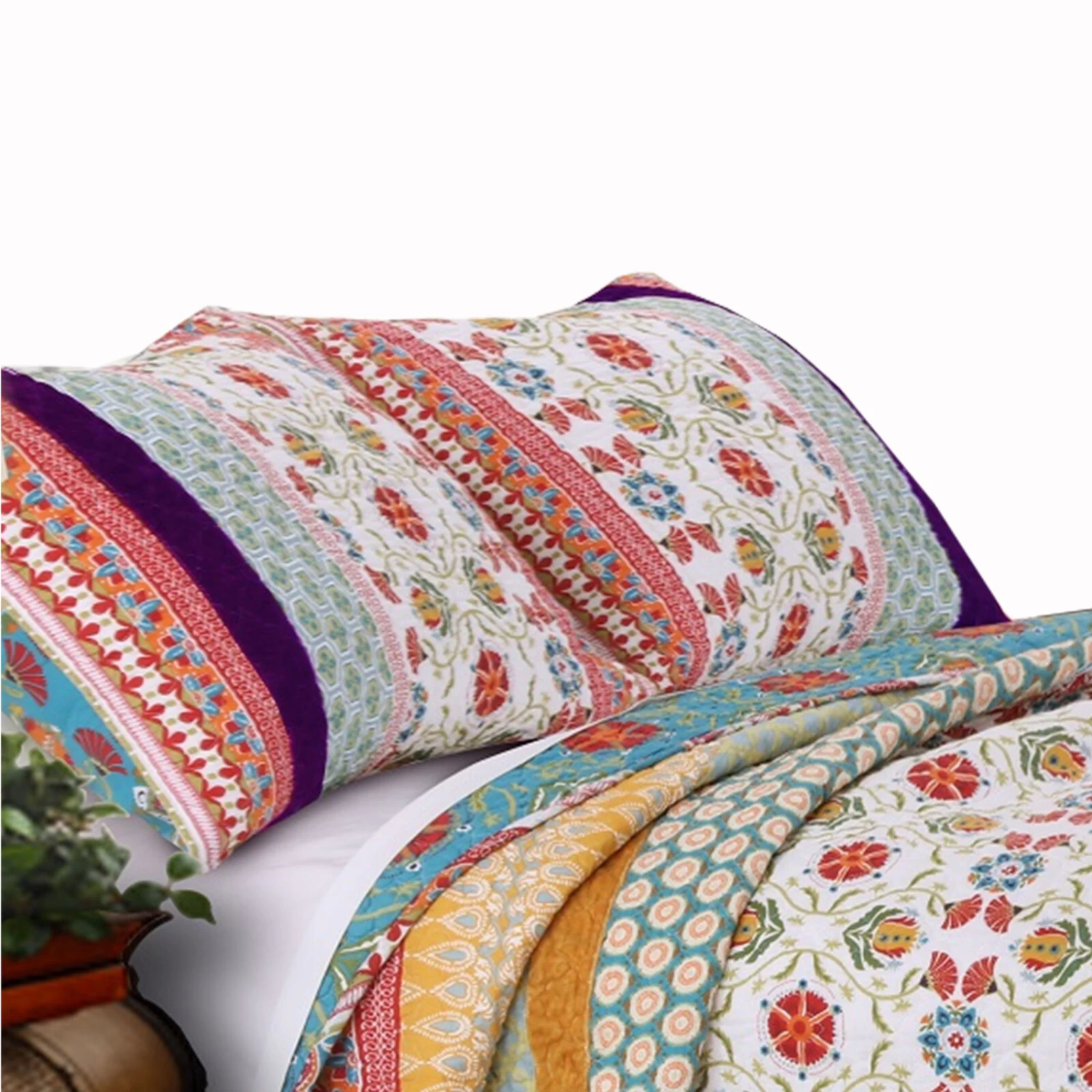 Geometric And Floral Print Full Size Quilt Set With 2 Shams, Multicolor-Benzara 4 Geometric And Floral Print Full Size Quilt Set With 2 Shams, Multicolor-Benzara - Image 2