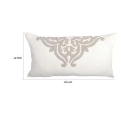 Lenz 20 X 36 Lumbar King Pillow Sham, Hand Stitched Ivory Damask Embroidery-Benzara -Bedding Store cb8c566b419a451b86a2e1d2b154ab75
