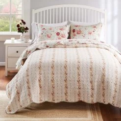 Greenland Home Antique Rose Floral Pinstripe With Dainty Scrolling Embellishments Quilt Set 3-Piece Full/Queen Blue -Bedding Store d1033ca268b5435a85dc22ea8166fa30