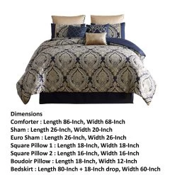Nova 9 Piece Polyester Queen Comforter Set, Gold Damask Print, Navy Blue-Benzara -Bedding Store d45e546ffb8d4ee9a6b3a920224fd45b