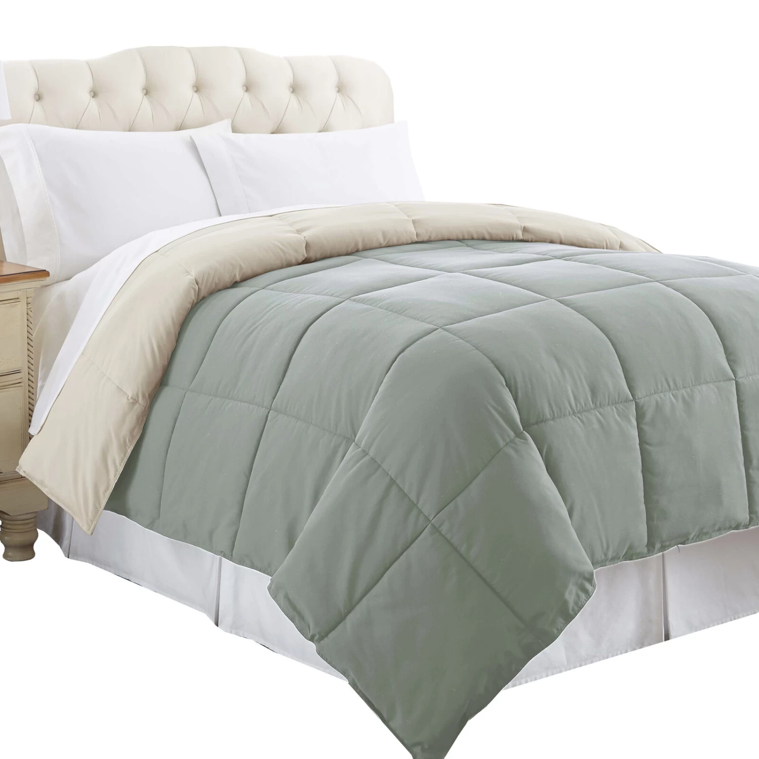 Genoa Queen Size Box Quilted Reversible Comforter The Urban Port, Gray And Beige-Benzara 3 Genoa Queen Size Box Quilted Reversible Comforter The Urban Port, Gray And Beige-Benzara