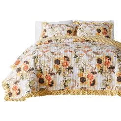 Kelsa 3 Piece Quilt Set With 2 Pillow Shams And Cotton Fill, Gold-Benzara