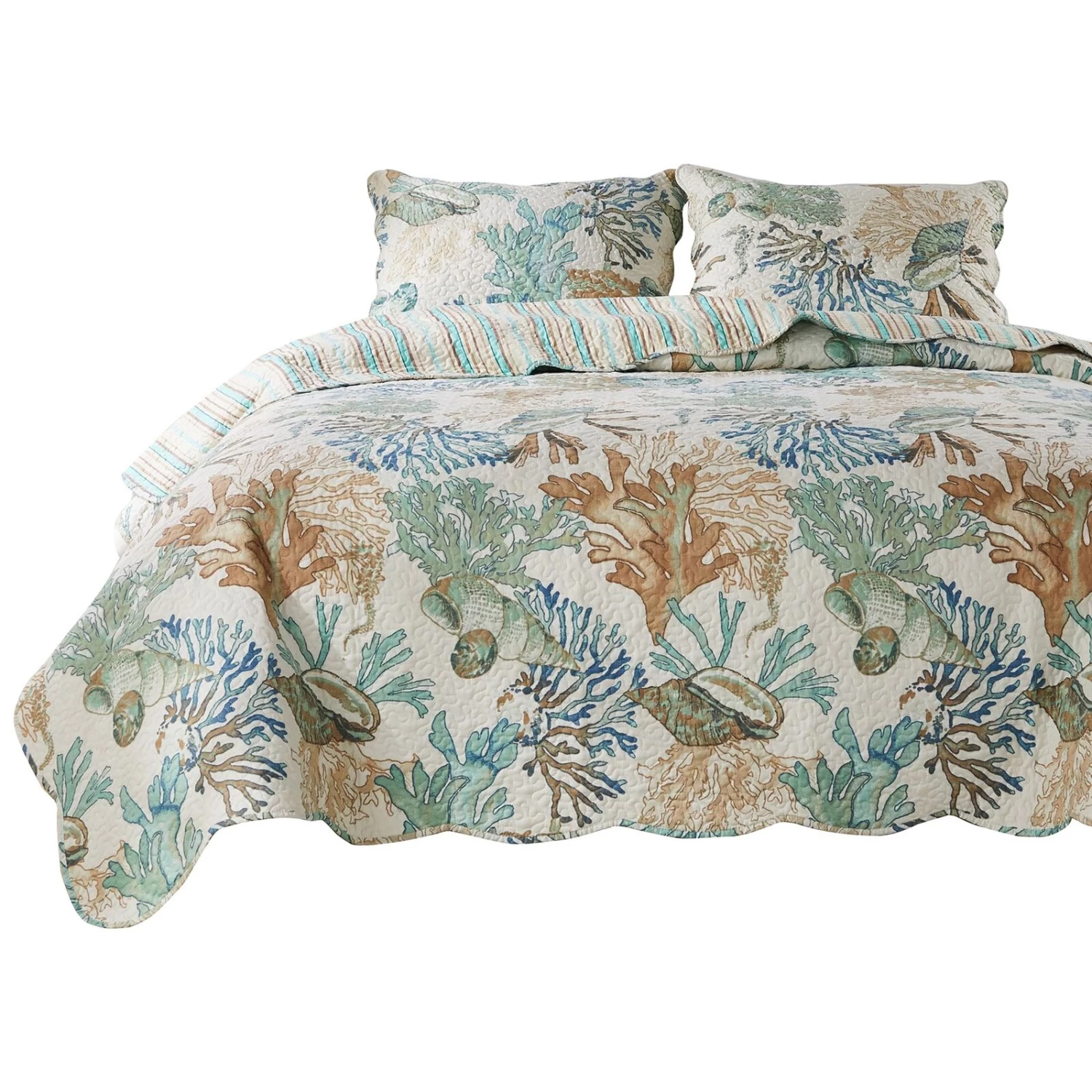 Wade Quilt Set, Ocean Design, Scalloped Edges, Floral Pattern-Benzara 4 Wade Quilt Set, Ocean Design, Scalloped Edges, Floral Pattern-Benzara - Image 2