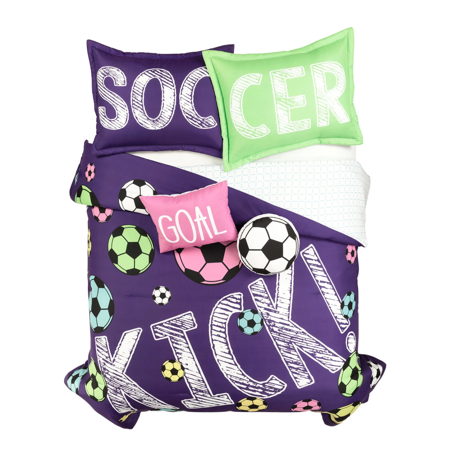 Girls Soccer Kick Reversible Oversized Comforter 5-Pc Set 3 Girls Soccer Kick Reversible Oversized Comforter 5-Pc Set