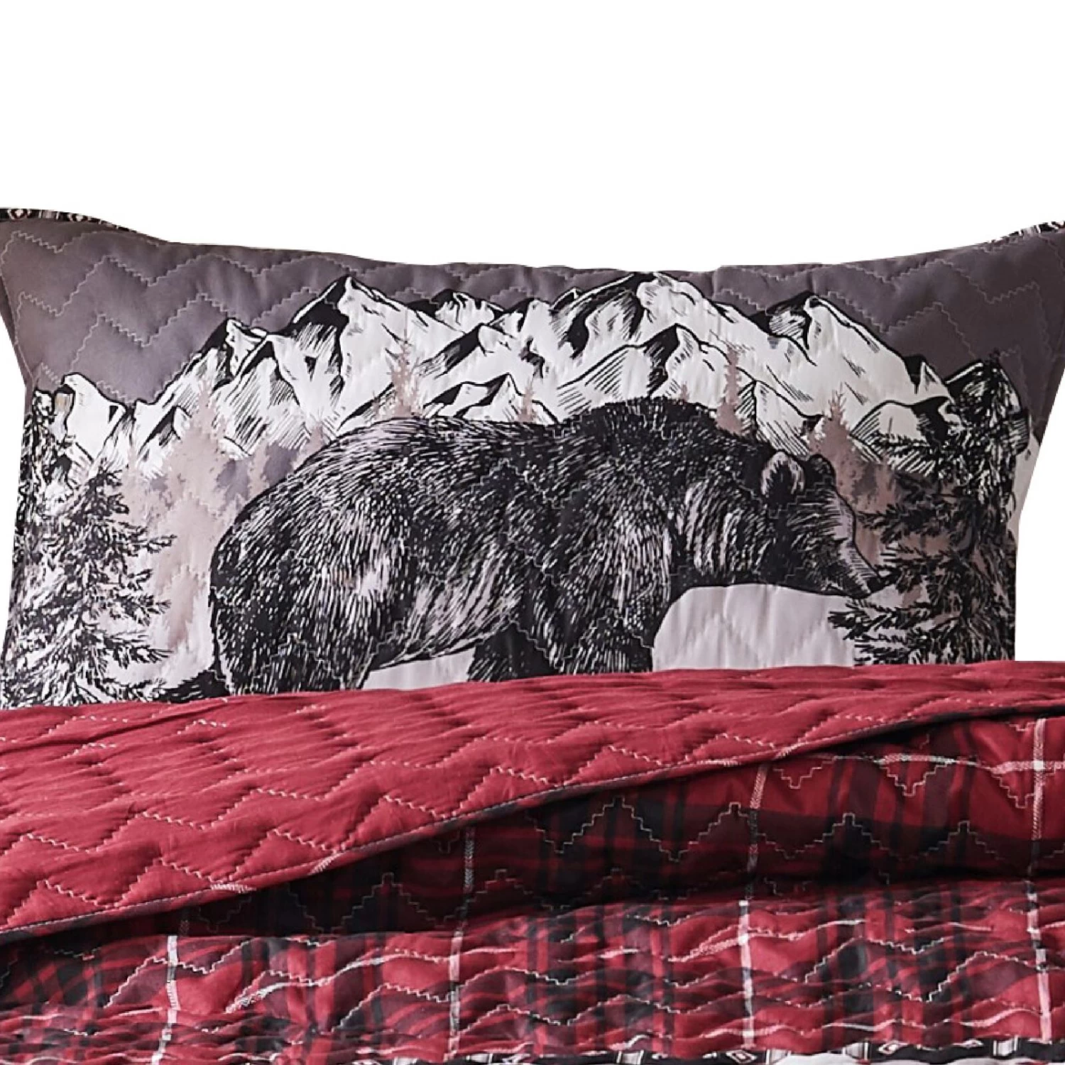 Sofia 20 X 36 King Pillow Sham, Red Plaid Microfiber, Bear And Mountain-Benzara 6 Sofia 20 X 36 King Pillow Sham, Red Plaid Microfiber, Bear And Mountain-Benzara - Image 4