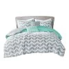 QuikFurn Reversible Comforter Set In Grey White Aqua Teal Chevron Stripe