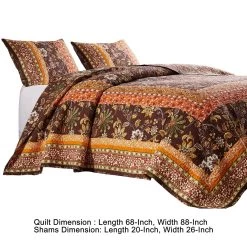 Dill Quilt Set, Bohemian, Jacobean Floral Print, Brown, Orange-Benzara -Bedding Store fef81c7e32904bbbb6768cd45e10b8bf